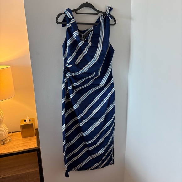 Mango Tie Shoulder 100% Cotton Striped Print Gathered Waist Side Slit Dress NWT - Picture 9 of 13